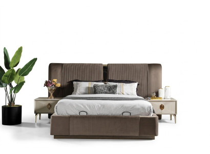 Braunes Schlafzimmer Set Designer Doppelbett 2x Nachttische Luxus Möbel