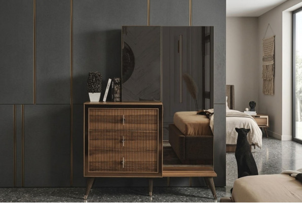 Braune Schlafzimmer Möbel Kommode mit Spiegel Luxus Holz Set 3-türig