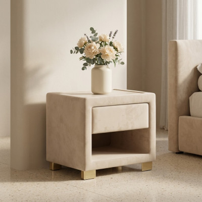 Beige Čtvercový noční stolek Designer Dřevěný rám Moderní nábytek Nový