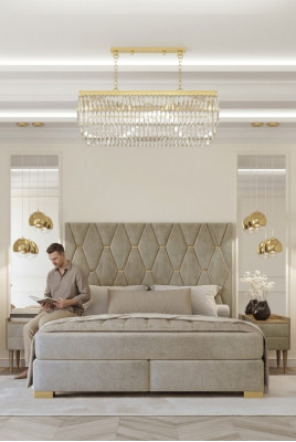 Šedá ložnice s manželskou postelí, designovými nočními stolky, luxusní sestavou 3 kusů