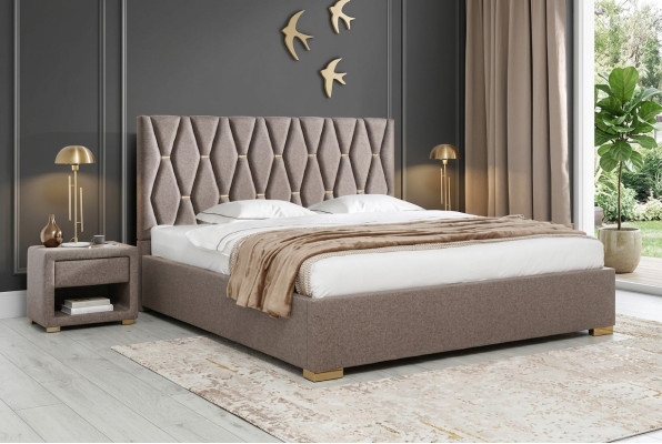 Hnědá textilní postel Designérské polstrované noční stolky Ložnice Nábytek 3 kusy