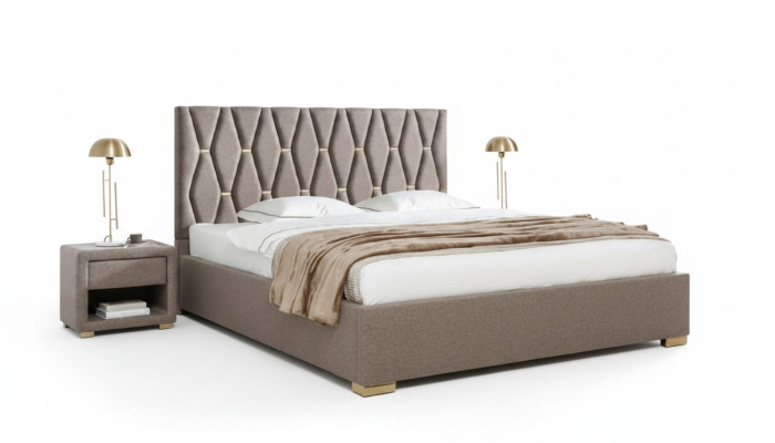 Hnědá textilní postel Designérské polstrované noční stolky Ložnice Nábytek 3 kusy