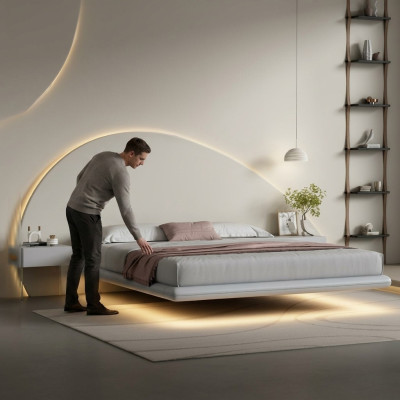 Šedá stěnová postel Moderní ložní nábytek Dřevěný rám postele s LED osvětlením Nové