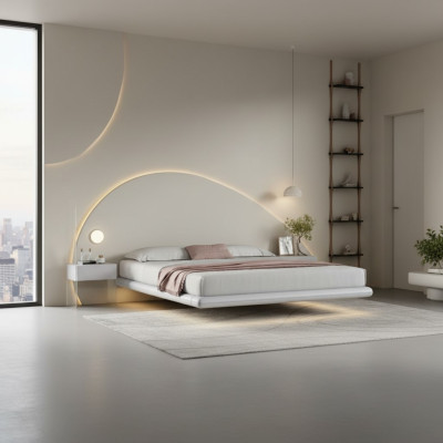 Šedá stěnová postel Moderní ložní nábytek Dřevěný rám postele s LED osvětlením Nové