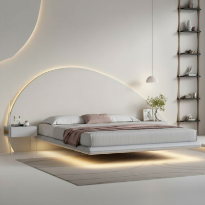 Šedá stěnová postel Moderní ložní nábytek Dřevěný rám postele s LED osvětlením Nové