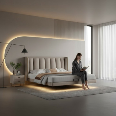 Bílá ložnice manželská postel Designový luxus nábytekRámování postele ze dřeva.