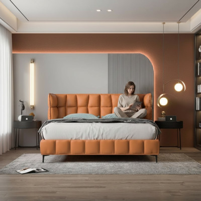 Oranžová manželská postel Ložnice Nábytek Textilní postele Dřevěný rám Stylový