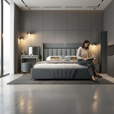 Ložnice Šedá postel Designový nábytek Luxusní materiály Dřevěný rám