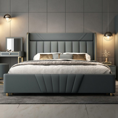 Ložnice Šedá postel Designový nábytek Luxusní materiály Dřevěný rám
