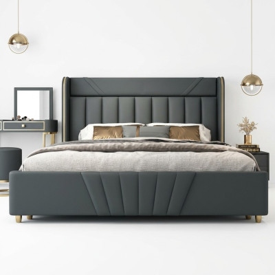 Ložnice Šedá postel Designový nábytek Luxusní materiály Dřevěný rám