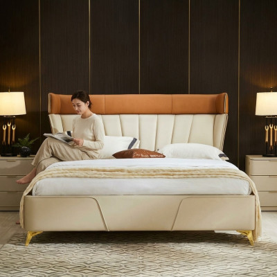 Schlafzimmer Beiges Doppelbett Lederbetten Holzgestell Textil Möbel
