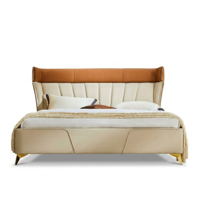 Schlafzimmer Beiges Doppelbett Lederbetten Holzgestell Textil Möbel