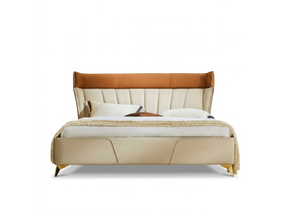 Schlafzimmer Beiges Doppelbett Lederbetten Holzgestell Textil Möbel