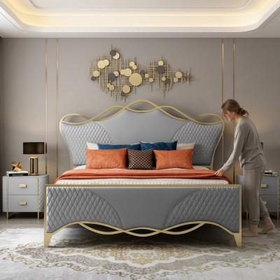Stilvolles Schlafzimmer Bett Designer Kunstleder Doppelbett Holzgestell