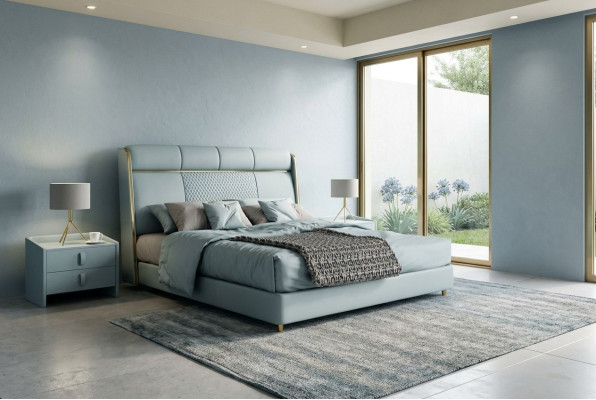 Schlafzimmer Blaues Doppelbett Designer Betten Holzgestell Luxus Möbel