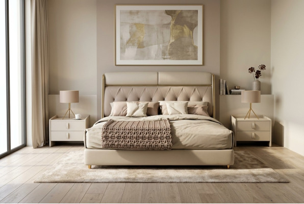 Stilvolles Beiges Schlafzimmer Bett Doppelbett Textilbetten LED-Bett