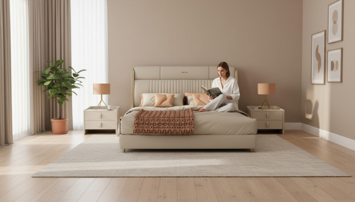 Beiges Textilbett Stilvolle Schlafzimmer Möbel Designer Doppelbetten