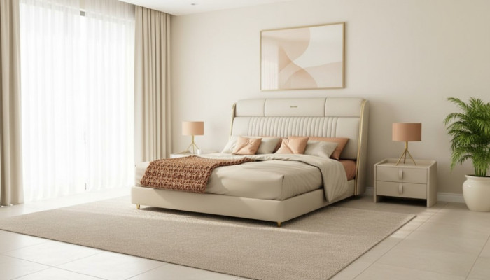 Beiges Textilbett Stilvolle Schlafzimmer Möbel Designer Doppelbetten