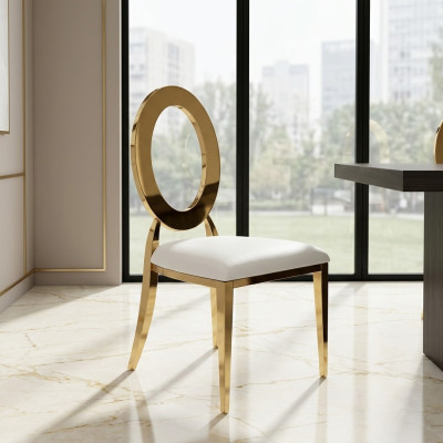 Gold-Weißer Luxuriöser Stuhl Hochstuhl Esszimmer Kunstlederstühle Holz