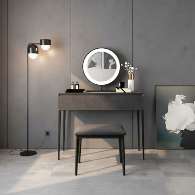 Šedý toaletní stůl návrháře s make-up stolem a šuplíky s kosmetickými komodami