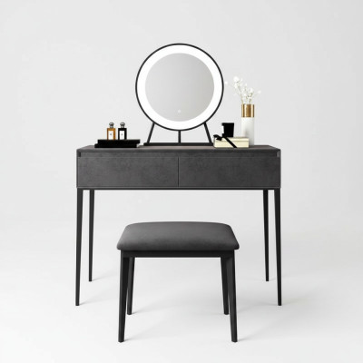 Šedý toaletní stůl návrháře s make-up stolem a šuplíky s kosmetickými komodami