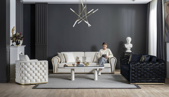 Blau-Beiges Wohnzimmer Set Luxus Sofagarnitur 3+3+1 Sitzer Design Couch