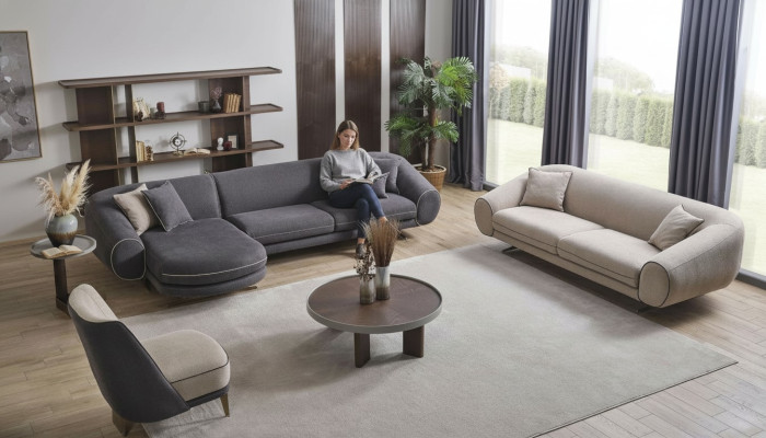 Modernes Wohnzimmer Set Graues Ecksofa L-Form 3-Sitzer Polster Sessel