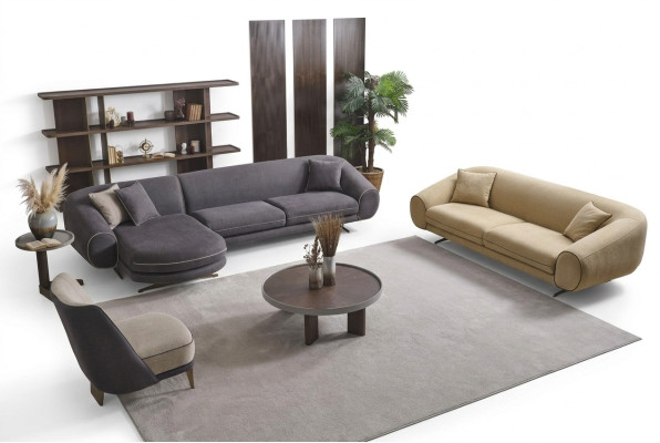 Modernes Wohnzimmer Set Graues Ecksofa L-Form 3-Sitzer Polster Sessel