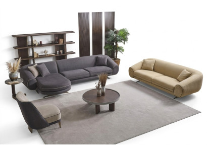 Modernes Wohnzimmer Set Graues Ecksofa L-Form 3-Sitzer Polster Sessel