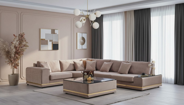 Beiges Wohnzimmer Set Stilvolle L-Form Wohnlandschaft Designer Hocker