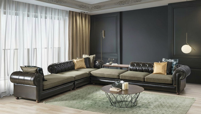 Grün-schwarzes Wohnzimmer Chesterfield L-Form Sofa Polster Couchen Neu