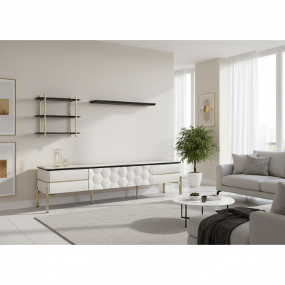 Moderne Weiße Wohnwand Praktischer TV-Schrank Luxuriöse Regale 3tlg Set