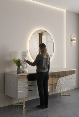 Moderní stříbrný kredenc s podlouhlým zrcadlem a LED osvětlením, designová sestava 2 kusy.