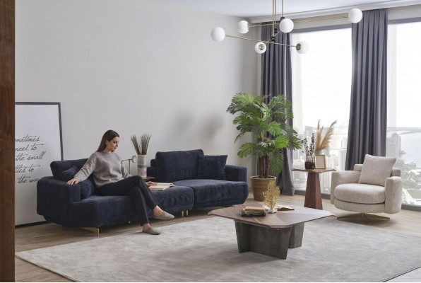 Blauer Dreisitzer Weißer Sessel Designer Wohnzimmer Sofagarnitur 2tlg