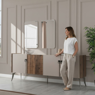 Moderne Beige Garnitur Luxus Sideboard 2x Spiegel Holzmöbel Anrichte