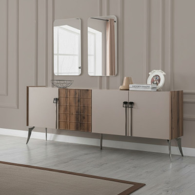 Moderne Beige Garnitur Luxus Sideboard 2x Spiegel Holzmöbel Anrichte
