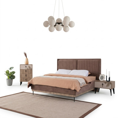 Braunes Schlafzimmer Doppelbett Designer Holz Moderne 2x Nachttische