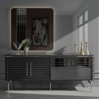Stilvolle Esszimmer Garnitur Luxus Schwarzes Sideboard Spiegel Holzmöbel