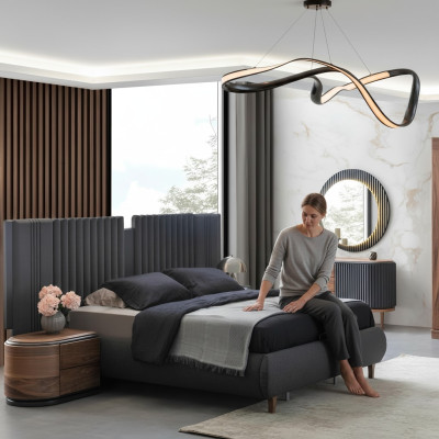 Moderne Graue Schlafzimmer Garnitur Textilbett Holz Nachttische Kommode