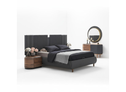 Moderne Graue Schlafzimmer Garnitur Textilbett Holz Nachttische Kommode