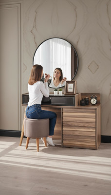 Hnědý dřevěný toaletní stůl s kulatým zrcadlem, designová ložnice, 2 díly, konzola.