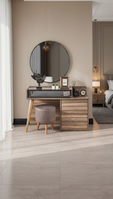 Hnědý dřevěný toaletní stůl s kulatým zrcadlem, designová ložnice, 2 díly, konzola.