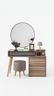 Hnědý dřevěný toaletní stůl s kulatým zrcadlem, designová ložnice, 2 díly, konzola.