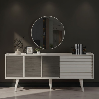 Weißes Sideboard Luxuriöser Rundspiegel Designer Holzmöbel 2tlg Set Neu