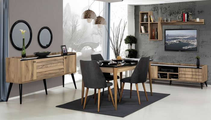 Schwarz-Braunes Esszimmer Set Esstisch 4x Stühle Sideboard Spiegel 8tlg