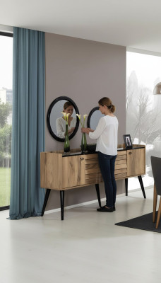 Designer Esszimmer Möbel Set Hellbraunes Holz Sideboard Glas Spiegel