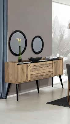 Designer Esszimmer Möbel Set Hellbraunes Holz Sideboard Glas Spiegel