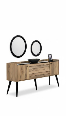 Designer Esszimmer Möbel Set Hellbraunes Holz Sideboard Glas Spiegel