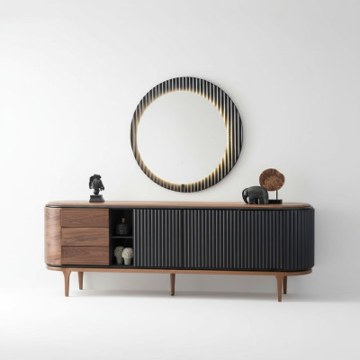 Stilvolle Garnitur Designer Braunes Sideboard Rundspiegel 2tlg Holz Set