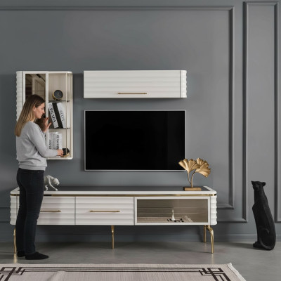 Bílá stěnná jednotka Designérská televizní skříň Luxus 2x zavěšené skříně Moderní nábytek